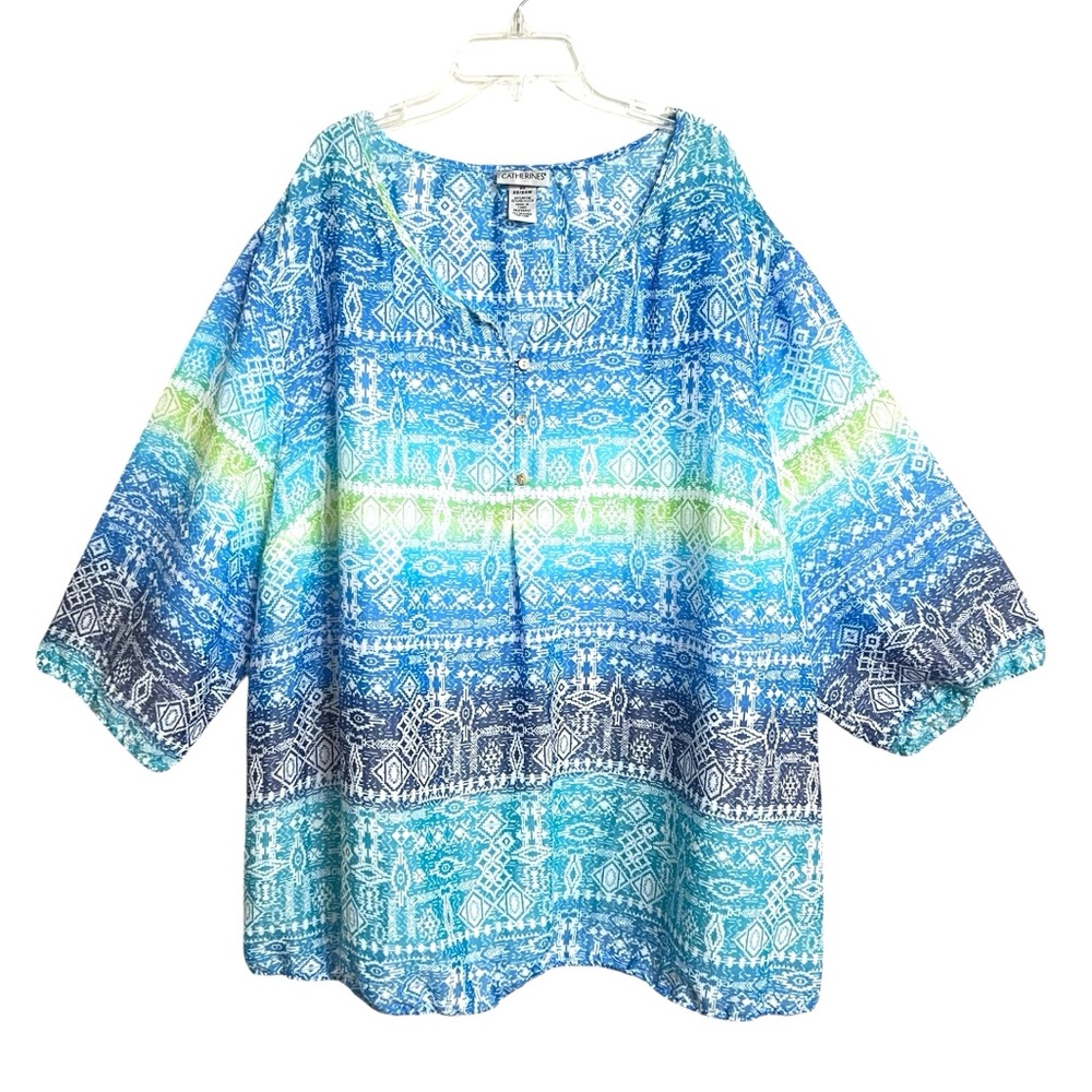 Catherines Boho Aztec Peasant Top  Womens 2X  22/24 Blue Ombre Coastal Striped